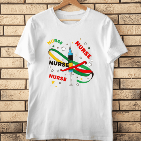 Colorful Nurse with Medical Syringe and Ribbon T-Shirt Design cover image.