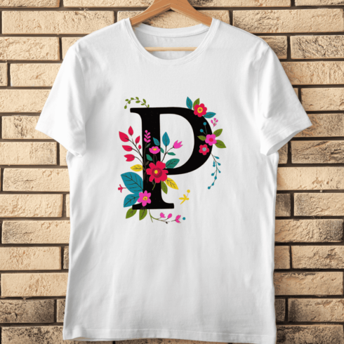 Black Letter P with Colorful Floral Decoration T-Shirt Design cover image.