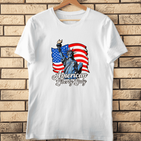 Statue of Liberty with American Flag T-Shirt Design cover image.