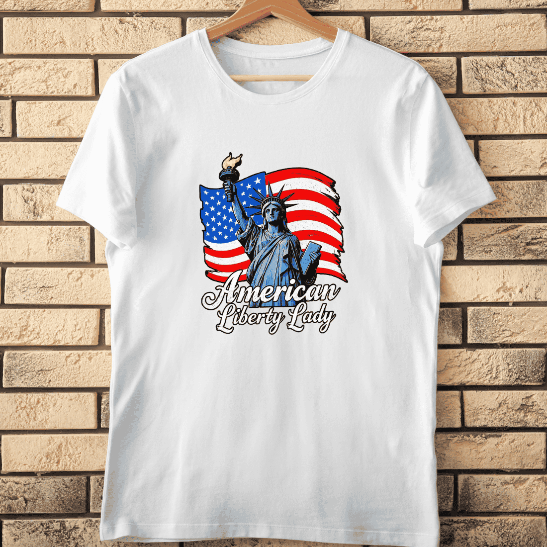 Statue of Liberty with American Flag T-Shirt Design cover image.