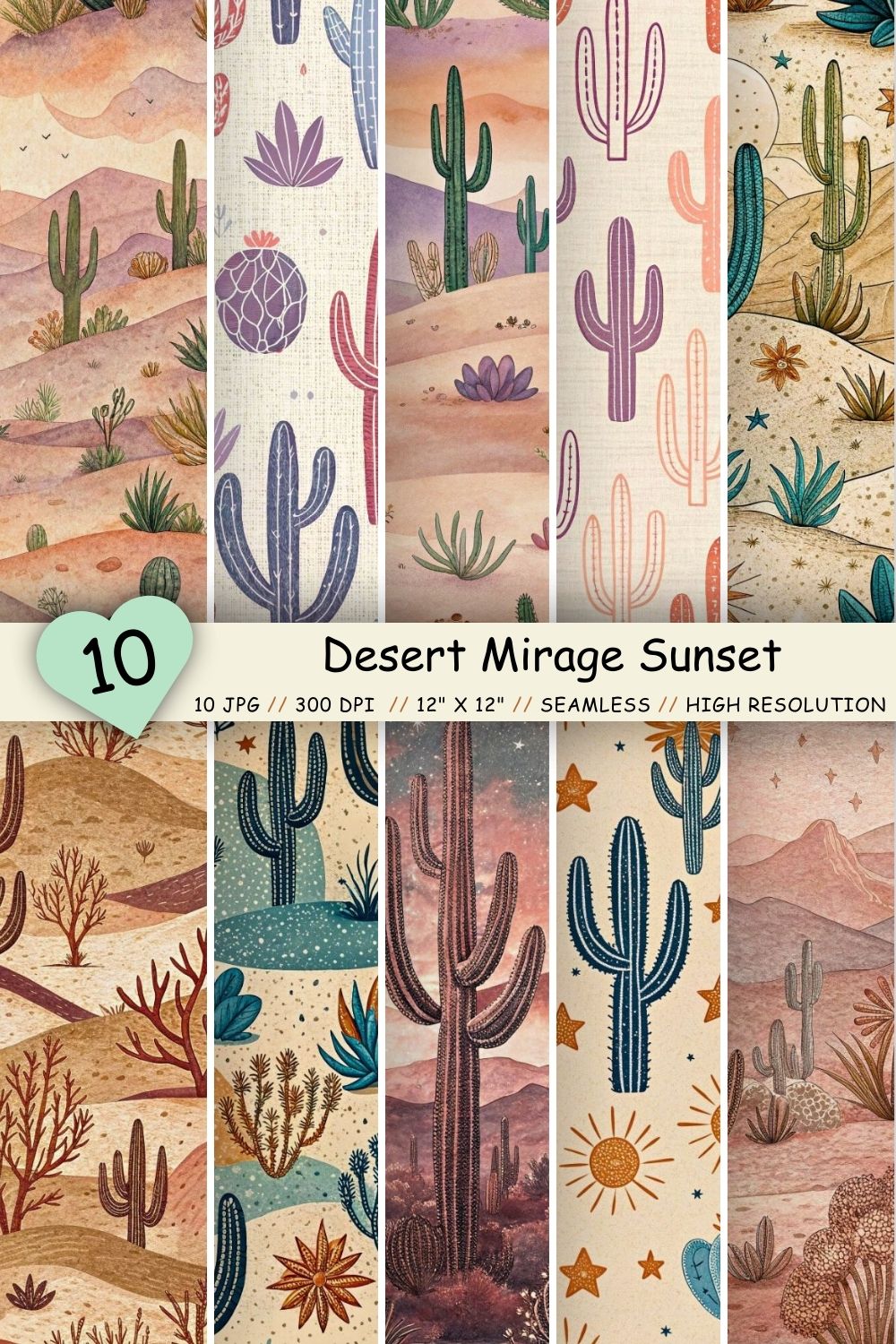 Desert Mirage Sunset Seamless Pattern – Floating Cacti in Peach & Lavender pinterest preview image.
