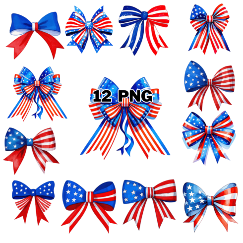 Watercolor USA Patriotic Bow Sublimation Clipart Bundle cover image.