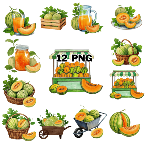 Watercolor Cantaloupe Sublimation Clipart Bundle cover image.