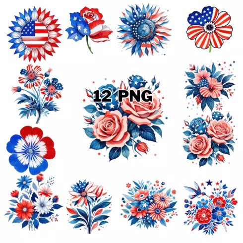 Watercolor USA Patriotic Floral Sublimation Clipart Bundle cover image.