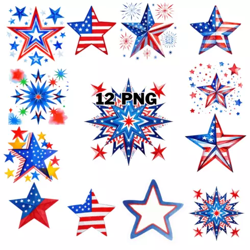 Watercolor Patriotic American Flag Star Sublimation Clipart Bundle cover image.