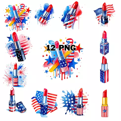 Watercolor Patriotic Lipstick and American Flag Sublimation Clipart Bundle cover image.