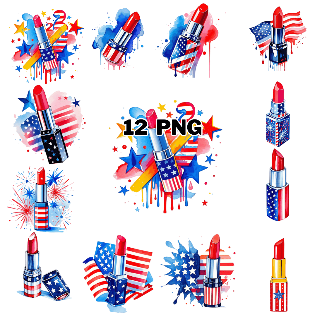 Watercolor Patriotic Lipstick and American Flag Sublimation Clipart Bundle cover image.