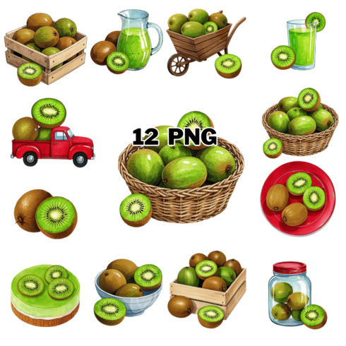 Watercolor Kiwi Sublimation Clipart Bundle cover image.