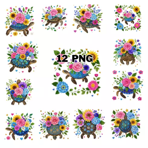 Watercolor Floral Turtles Sublimation Clipart Bundle cover image.