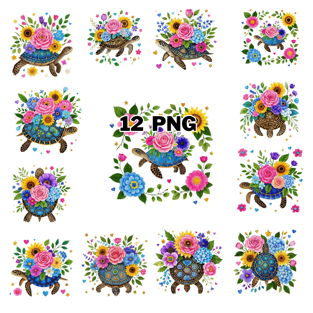 Watercolor Floral Turtles Sublimation Clipart Bundle cover image.