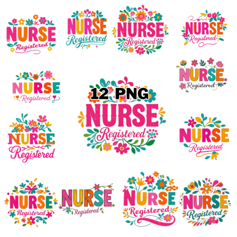 Watercolor Registered Nurse Floral Typography Sublimation Clipart Bundle cover image.