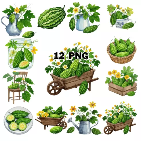 Watercolor Bitter gourd Sublimation Clipart Bundle cover image.