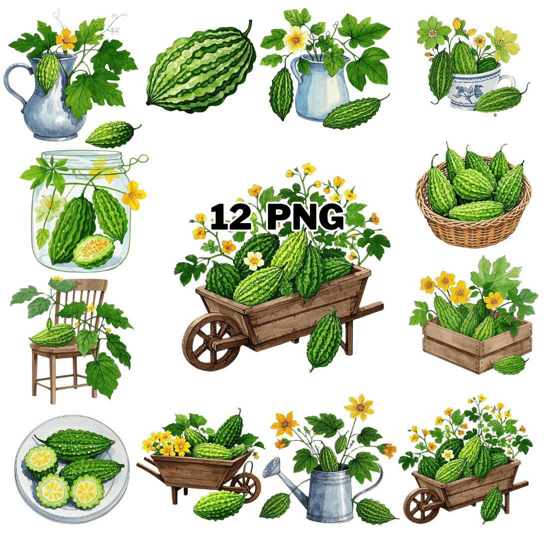 Watercolor Bitter gourd Sublimation Clipart Bundle cover image.