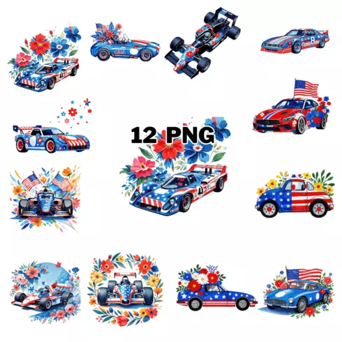 Watercolor Patriotic racing car Sublimation Clipart Bundle cover image.