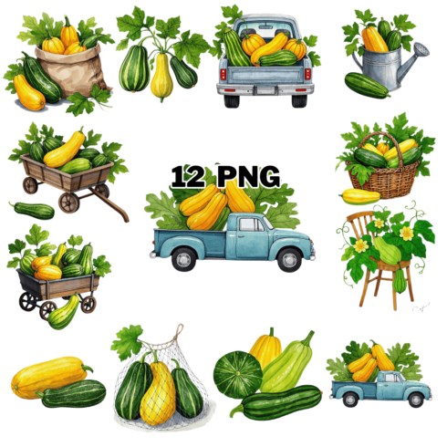 Watercolor Summer Squash Sublimation Clipart Bundle cover image.
