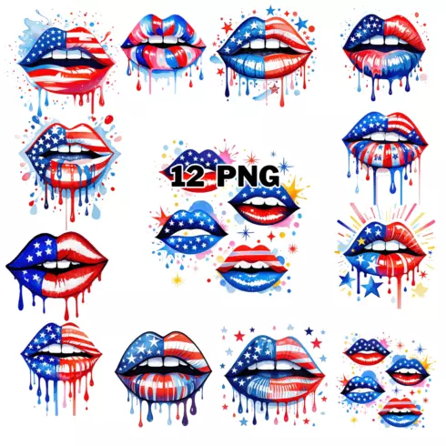 Watercolor Patriotic USA Flag Dripping Lips Sublimation Clipart Bundle cover image.