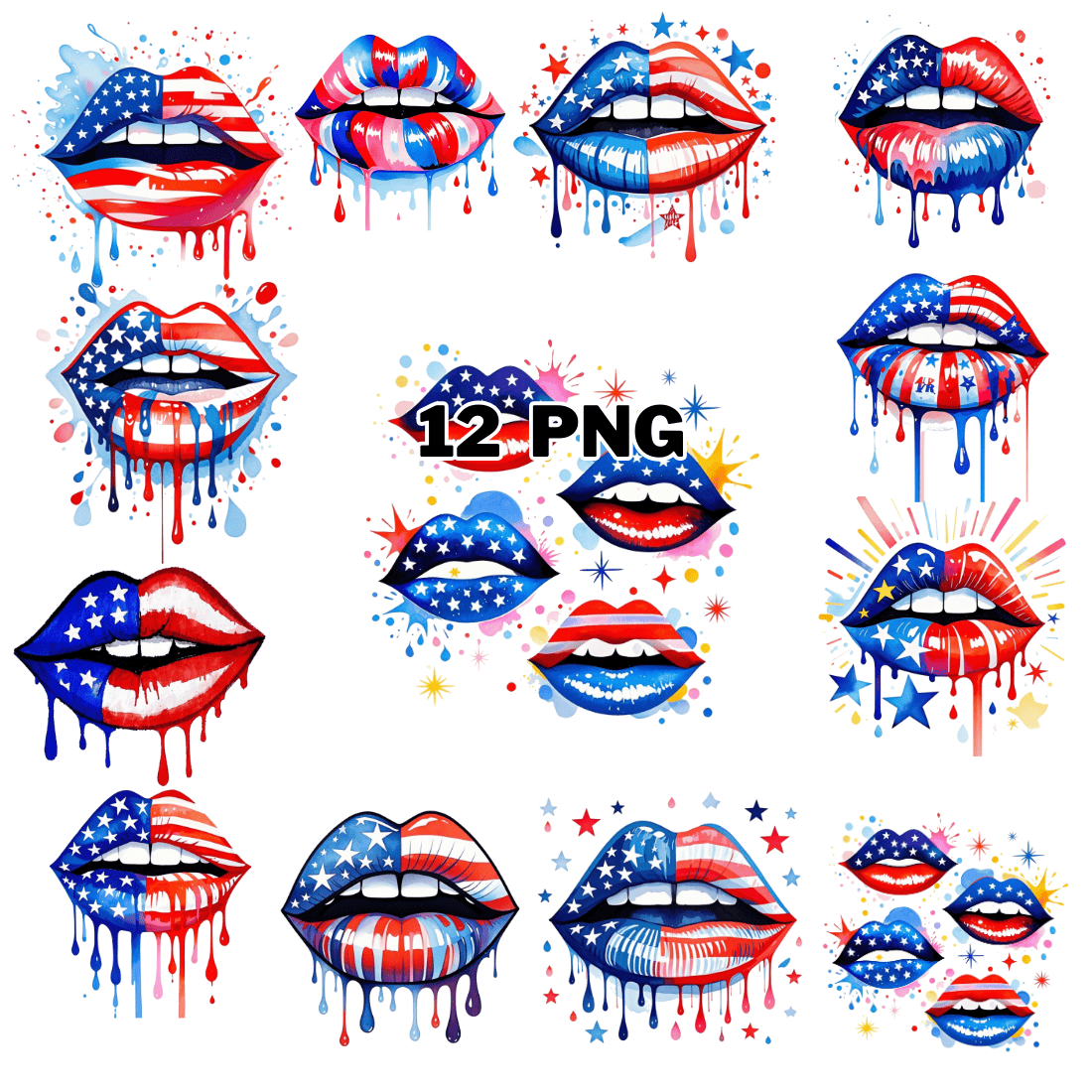 Watercolor Patriotic USA Flag Dripping Lips Sublimation Clipart Bundle cover image.