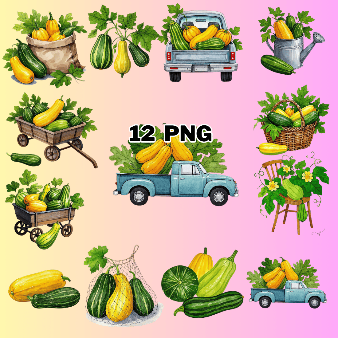 Watercolor Summer Squash Sublimation Clipart Bundle preview image.