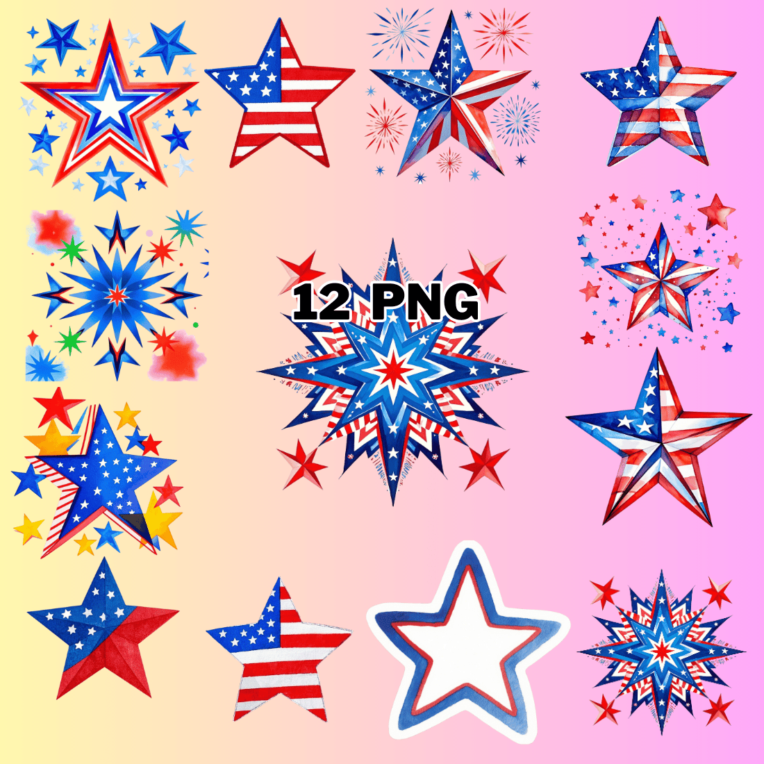 Watercolor Patriotic American Flag Star Sublimation Clipart Bundle preview image.
