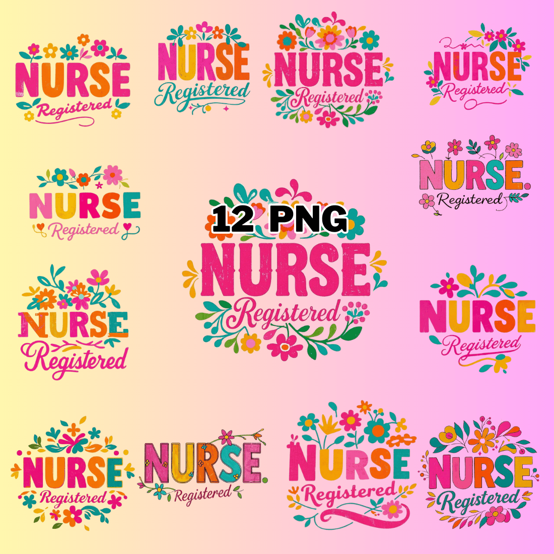 Watercolor Registered Nurse Floral Typography Sublimation Clipart Bundle preview image.