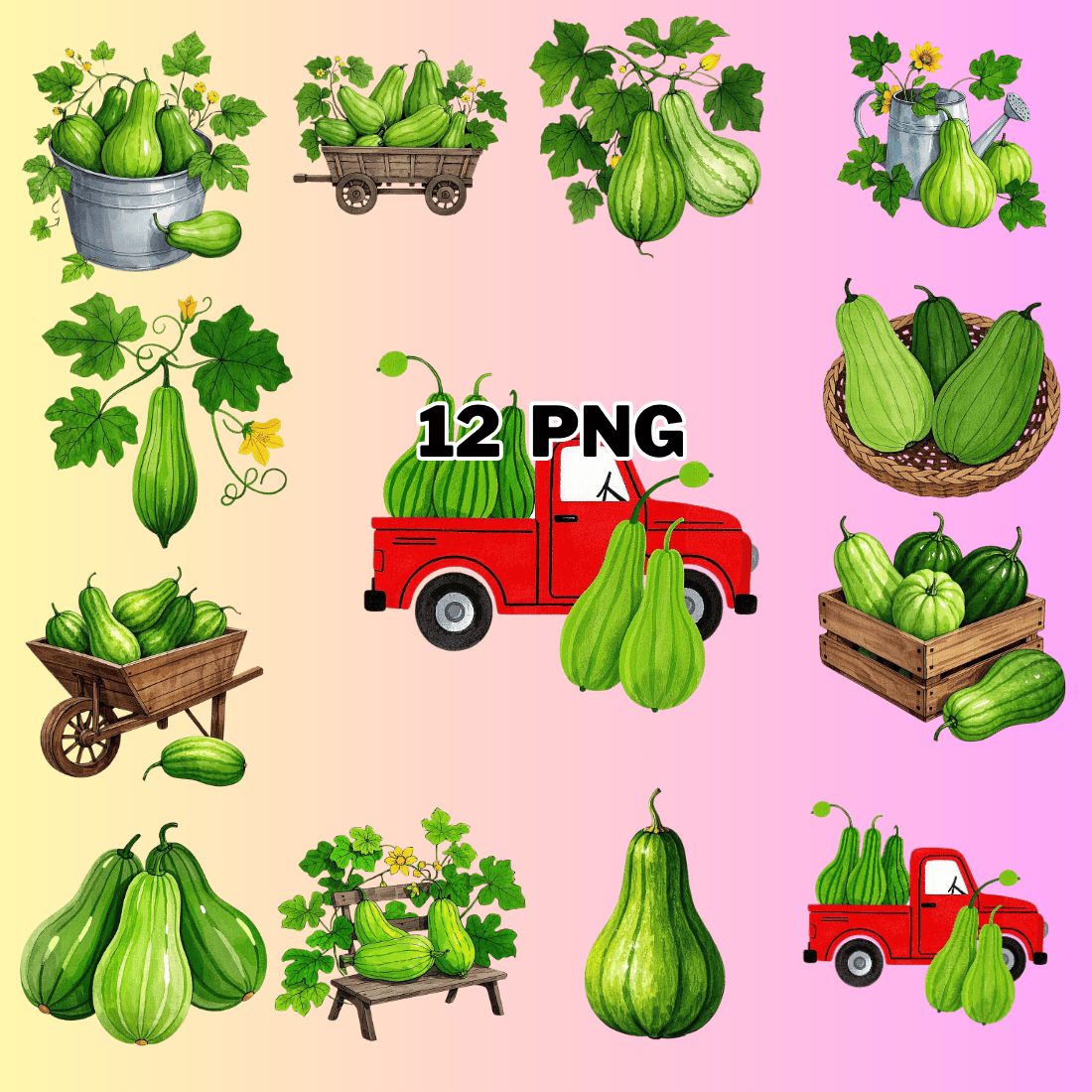 Watercolor Bottle gourd Sublimation Clipart Bundle preview image.