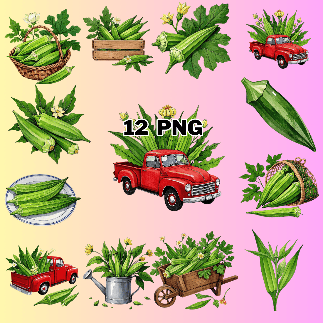 Watercolor Okra Sublimation Clipart Bundle preview image.
