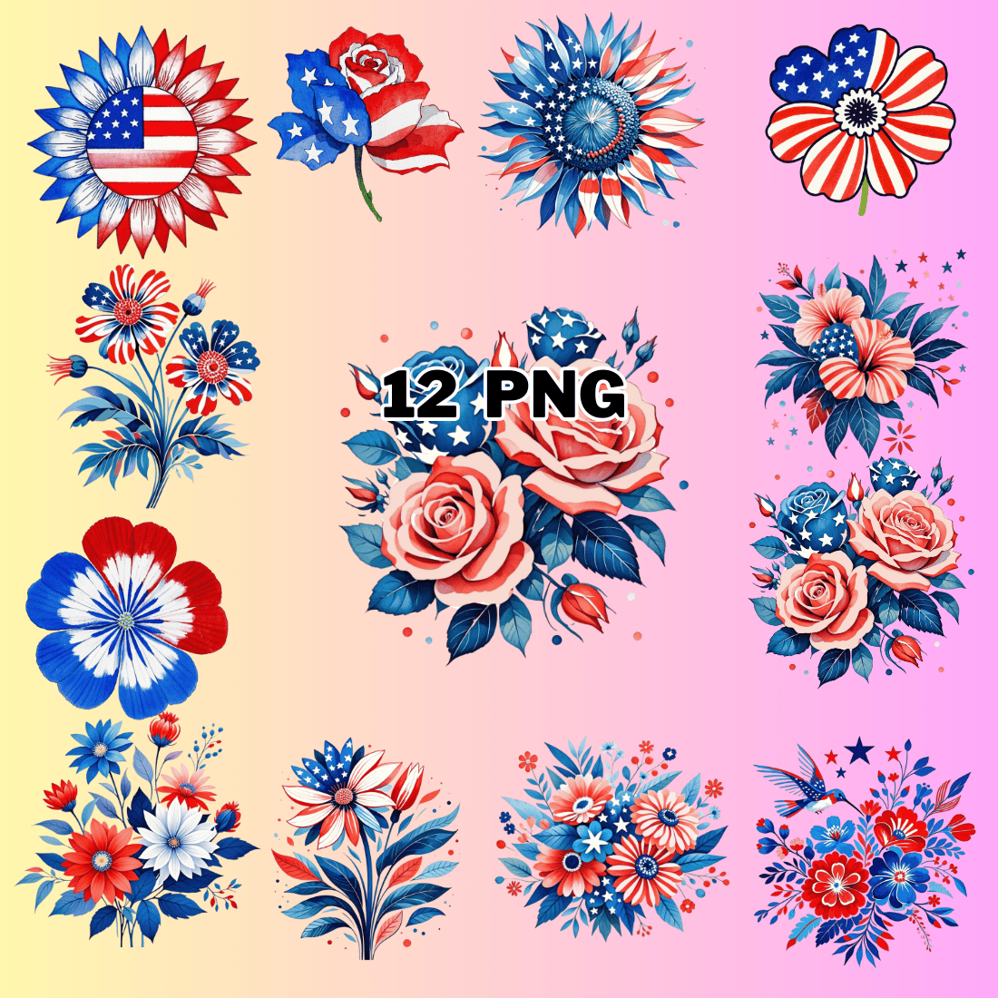 Watercolor USA Patriotic Floral Sublimation Clipart Bundle preview image.