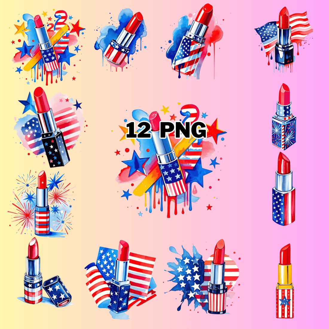 Watercolor Patriotic Lipstick and American Flag Sublimation Clipart Bundle preview image.