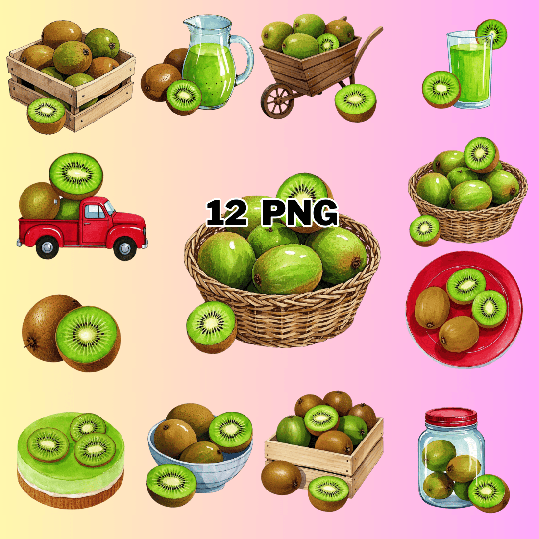 Watercolor Kiwi Sublimation Clipart Bundle preview image.