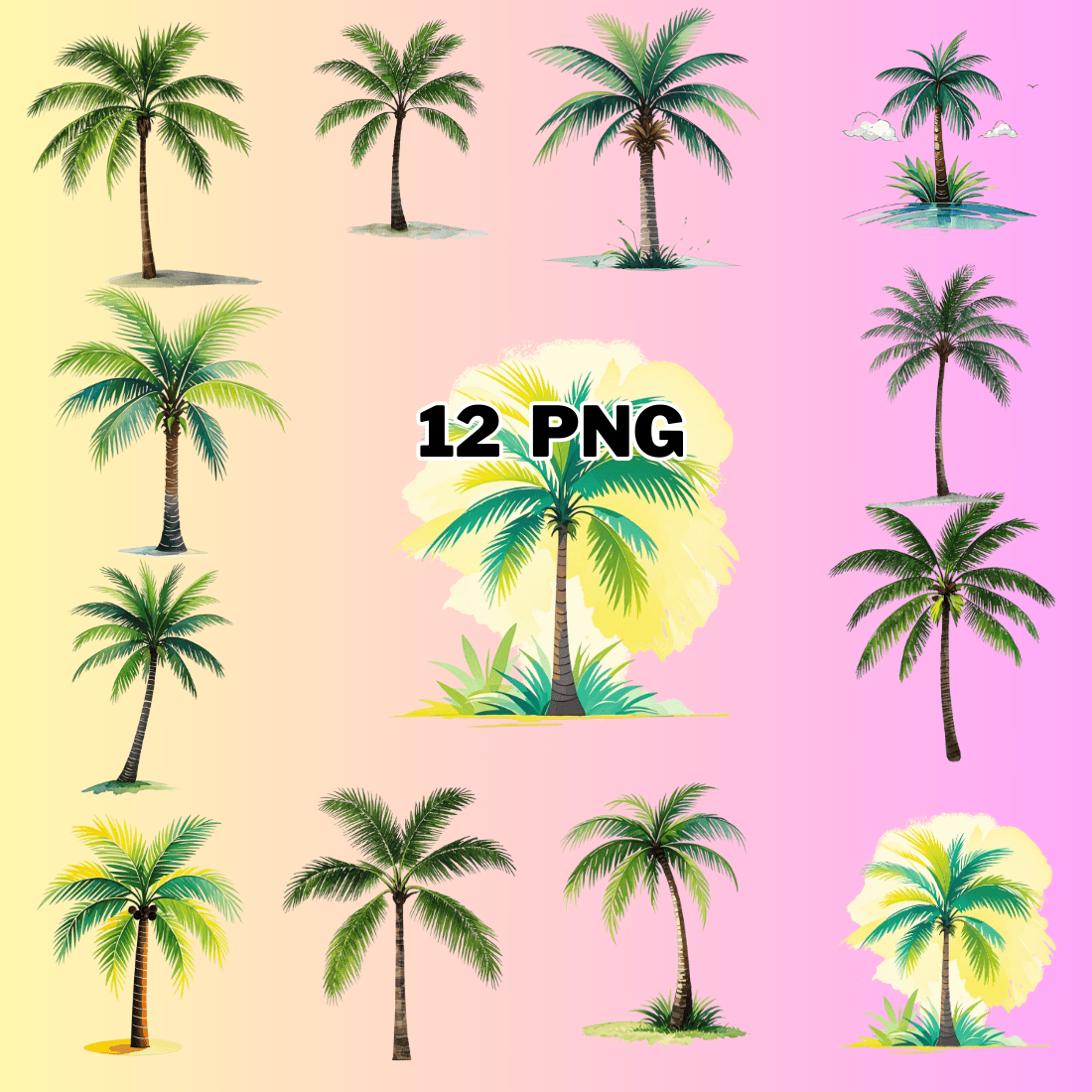 Summer palm Tree Sublimation Clipart Bundle preview image.