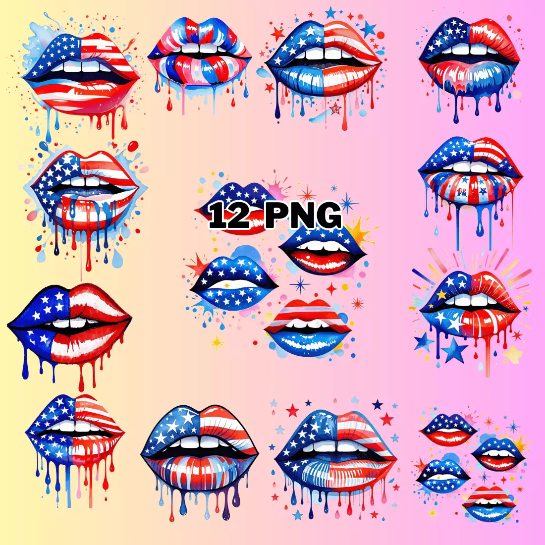 Watercolor Patriotic USA Flag Dripping Lips Sublimation Clipart Bundle preview image.