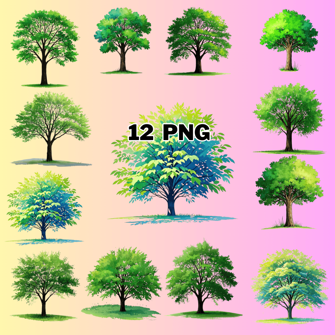 Watercolor Summer Tree Sublimation Clipart Bundle preview image.