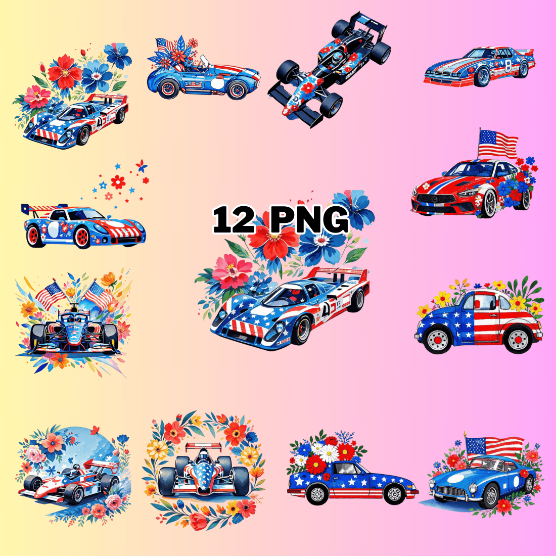 Watercolor Patriotic racing car Sublimation Clipart Bundle preview image.