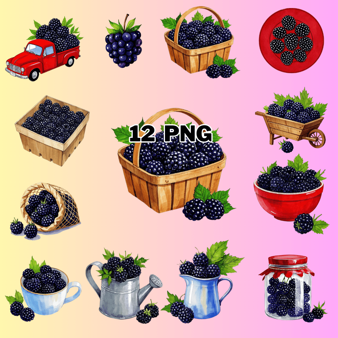Watercolor Blackberry Sublimation Clipart Bundle preview image.