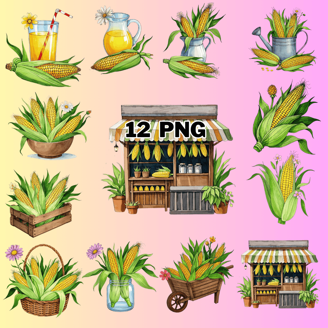 Watercolor Corn Sublimation Clipart Bundle preview image.