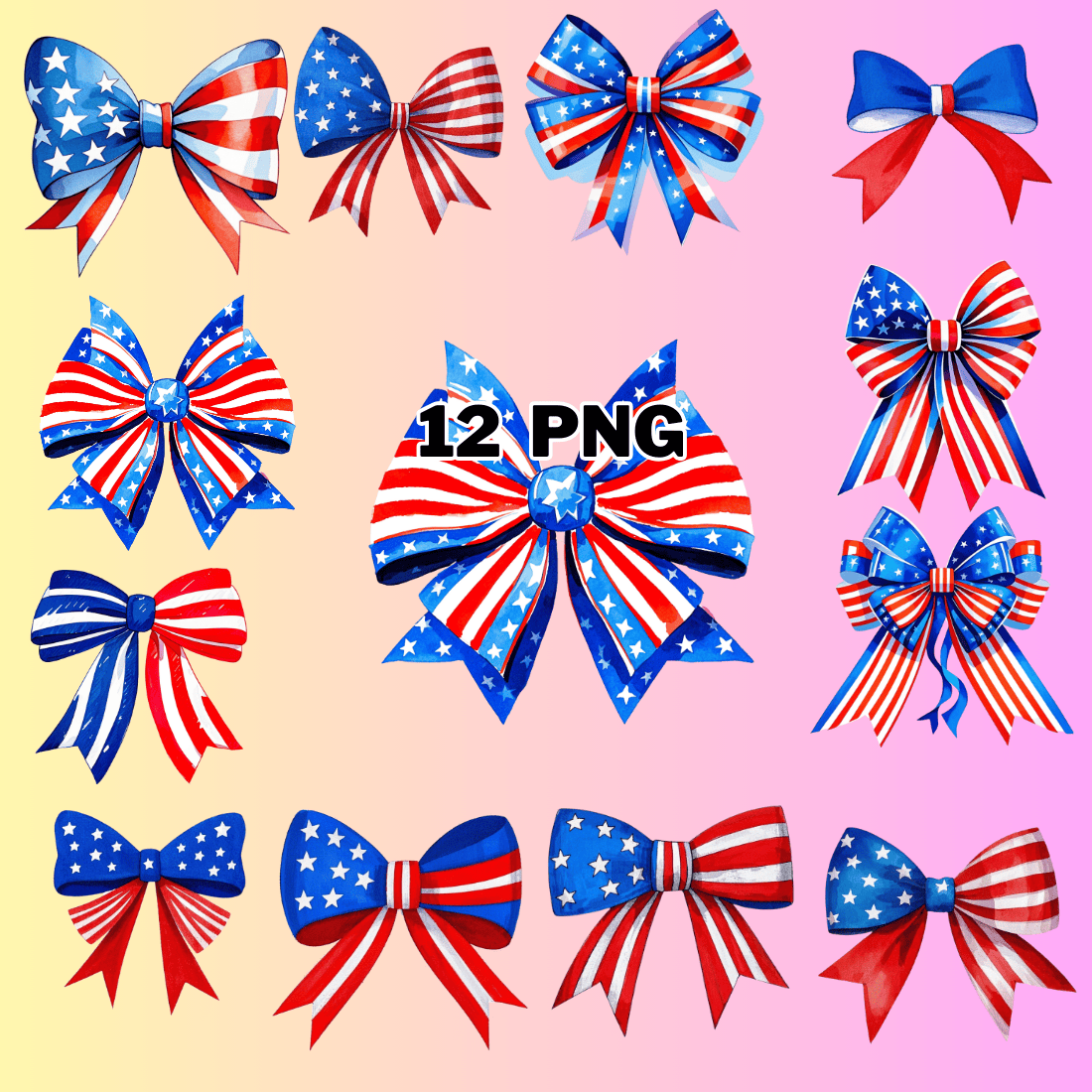 Watercolor USA Patriotic Bow Sublimation Clipart Bundle preview image.