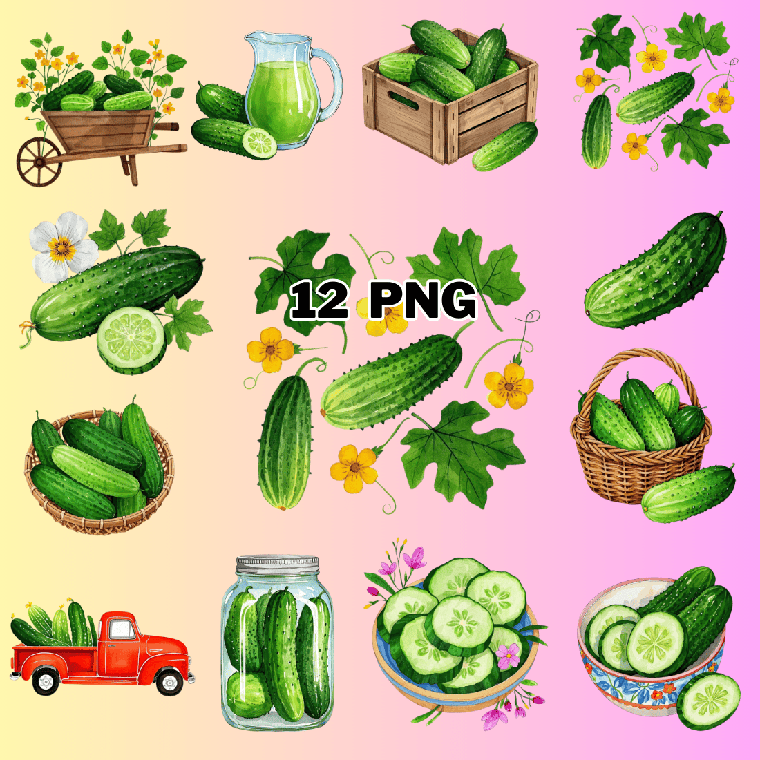 Watercolor Cucumbers Sublimation Clipart Bundle preview image.