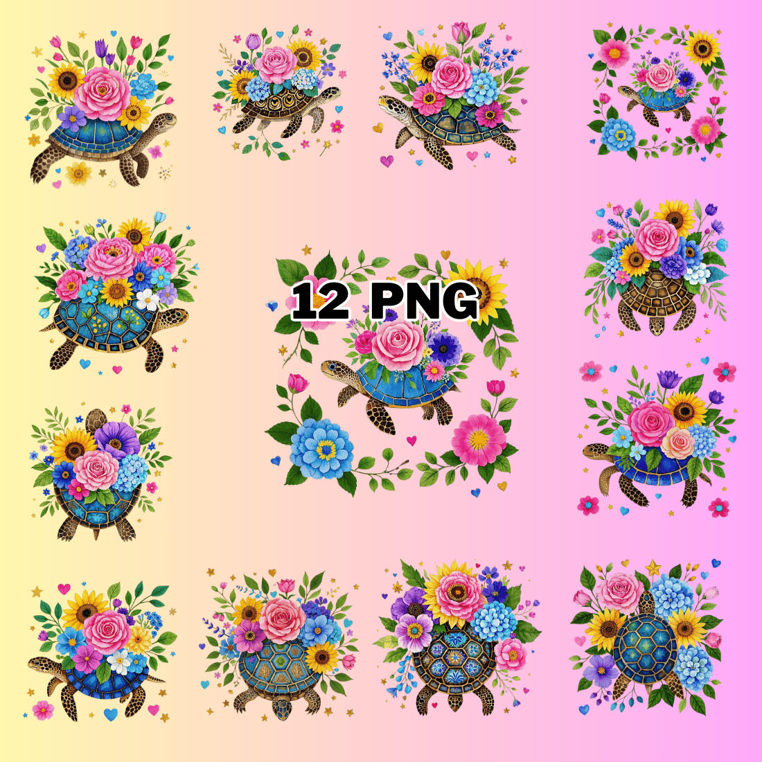 Watercolor Floral Turtles Sublimation Clipart Bundle preview image.