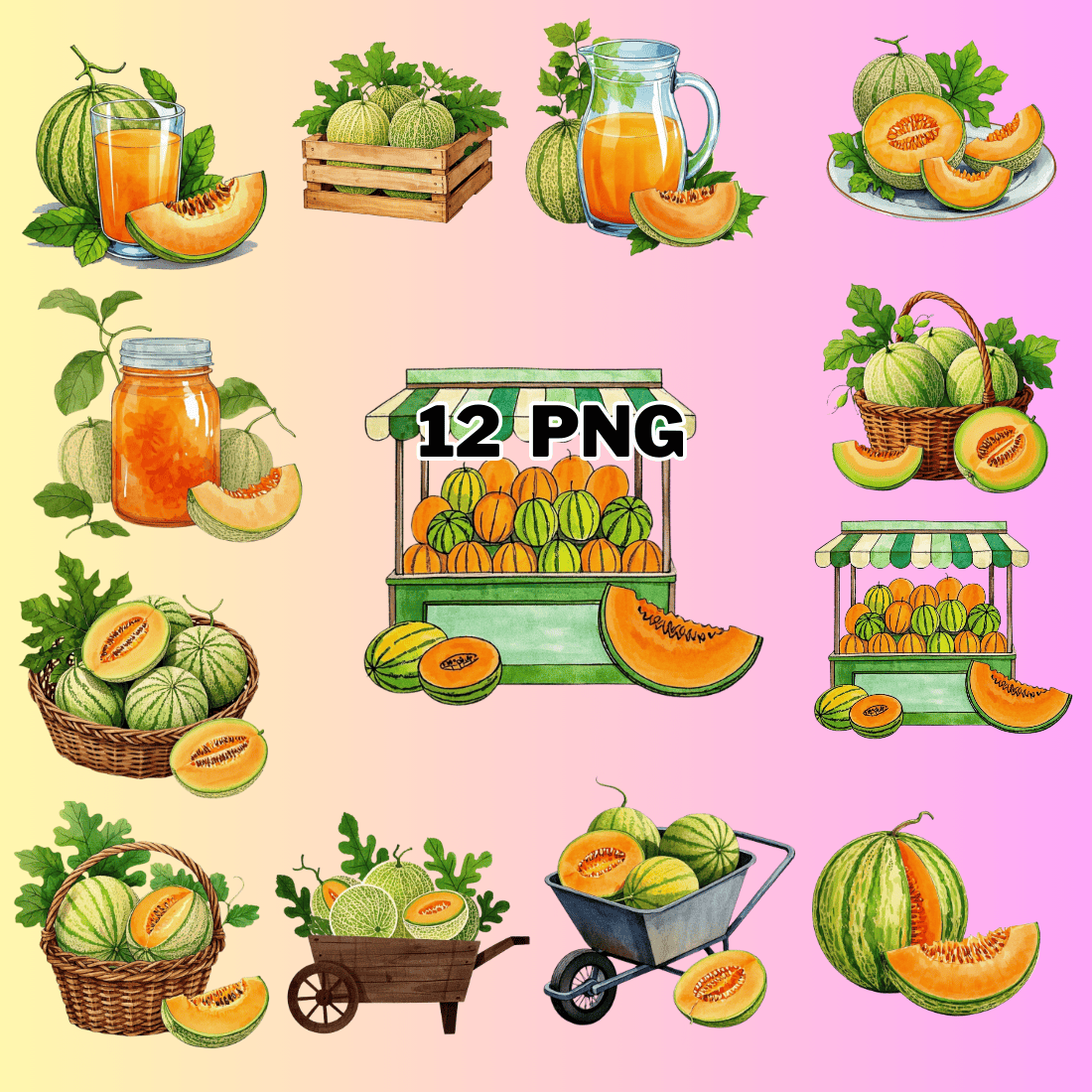 Watercolor Cantaloupe Sublimation Clipart Bundle preview image.