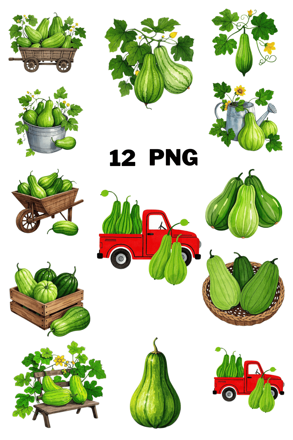 Watercolor Bottle gourd Sublimation Clipart Bundle pinterest preview image.