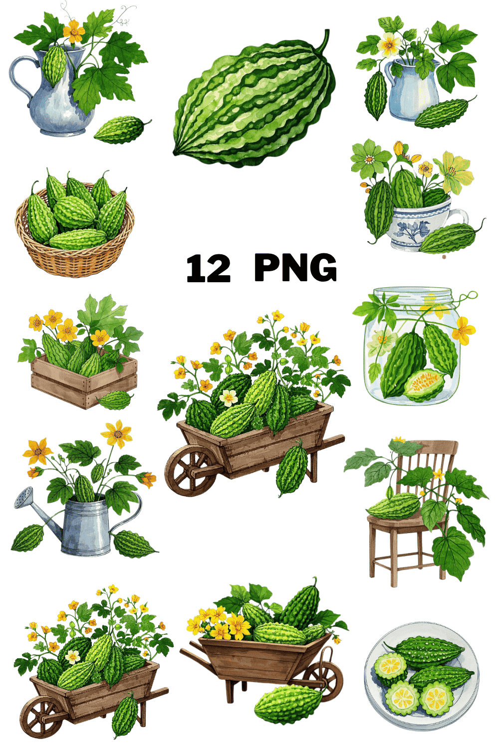 Watercolor Bitter gourd Sublimation Clipart Bundle pinterest preview image.