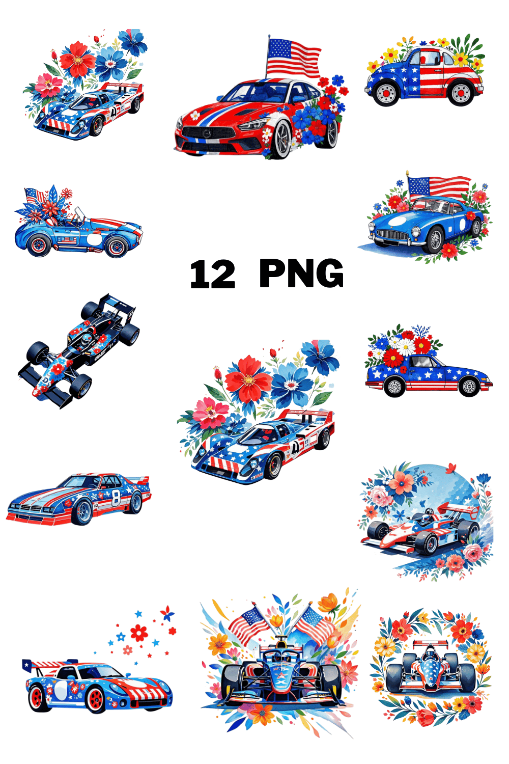 Watercolor Patriotic racing car Sublimation Clipart Bundle pinterest preview image.