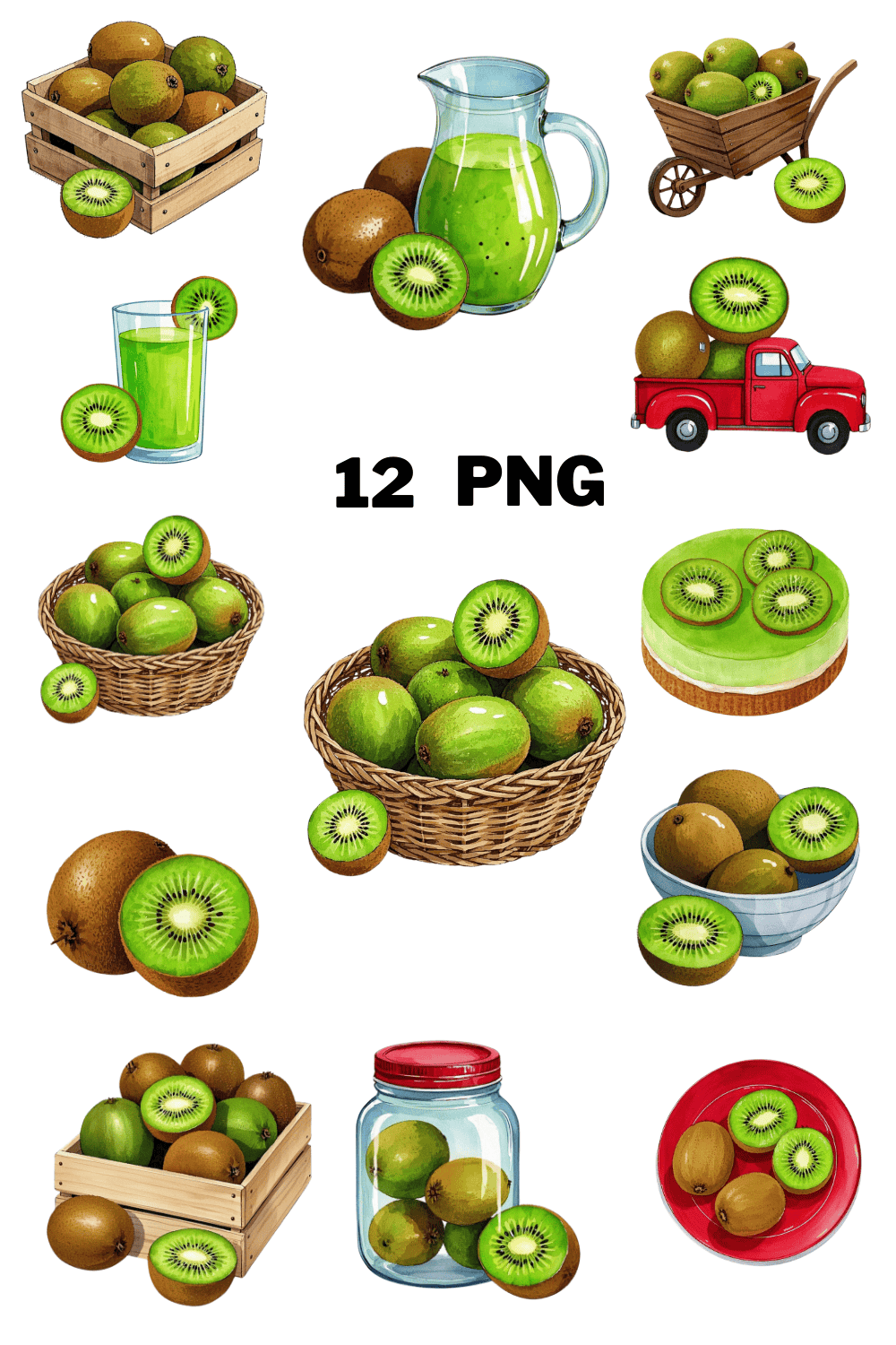 Watercolor Kiwi Sublimation Clipart Bundle pinterest preview image.