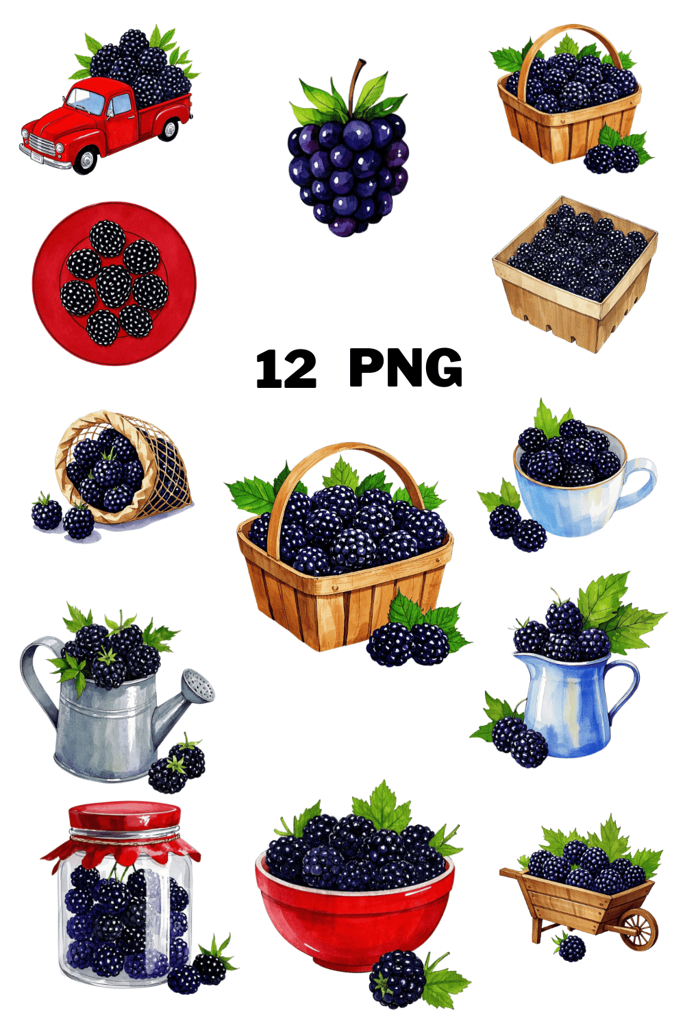 Watercolor Blackberry Sublimation Clipart Bundle pinterest preview image.