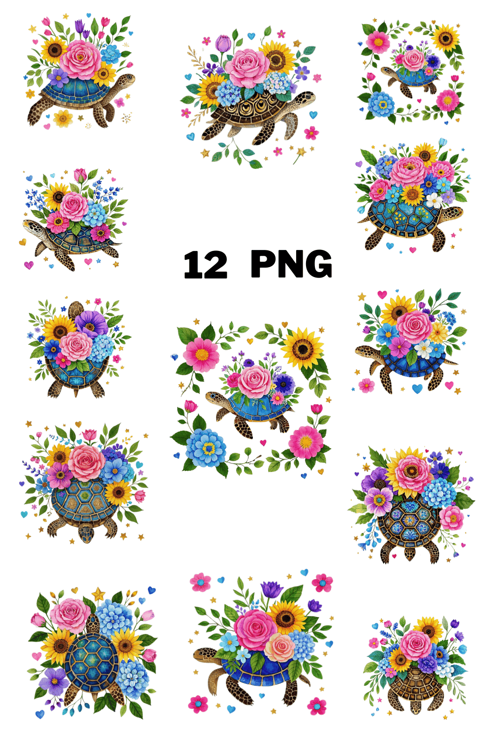 Watercolor Floral Turtles Sublimation Clipart Bundle pinterest preview image.