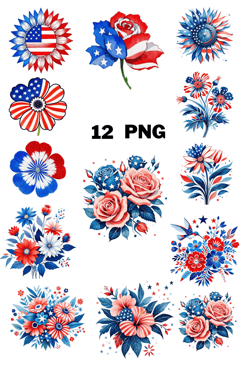 Watercolor USA Patriotic Floral Sublimation Clipart Bundle pinterest preview image.