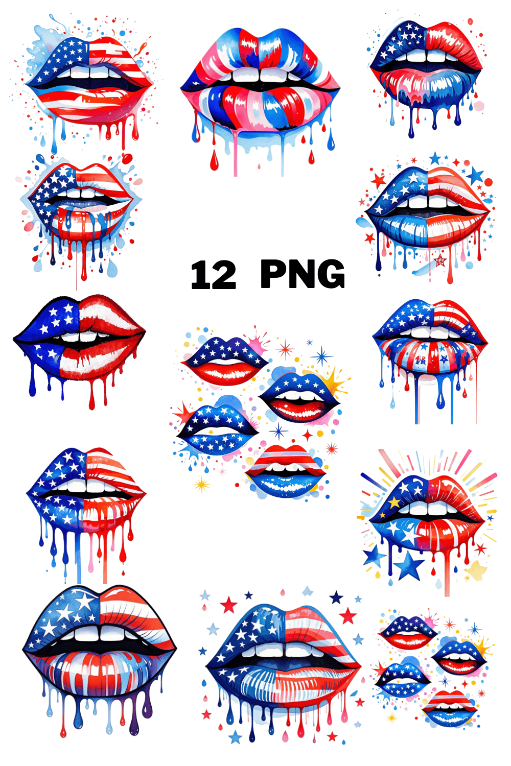 Watercolor Patriotic USA Flag Dripping Lips Sublimation Clipart Bundle pinterest preview image.