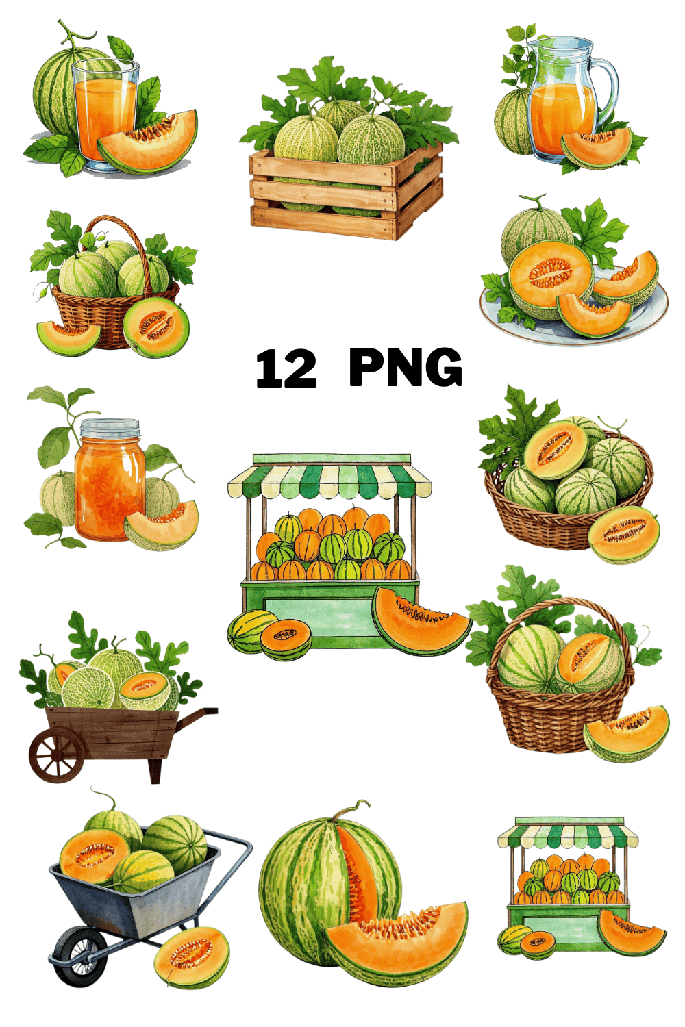 Watercolor Cantaloupe Sublimation Clipart Bundle pinterest preview image.