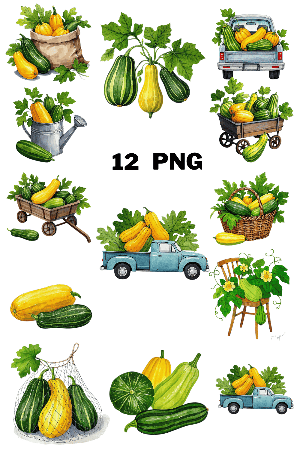Watercolor Summer Squash Sublimation Clipart Bundle pinterest preview image.