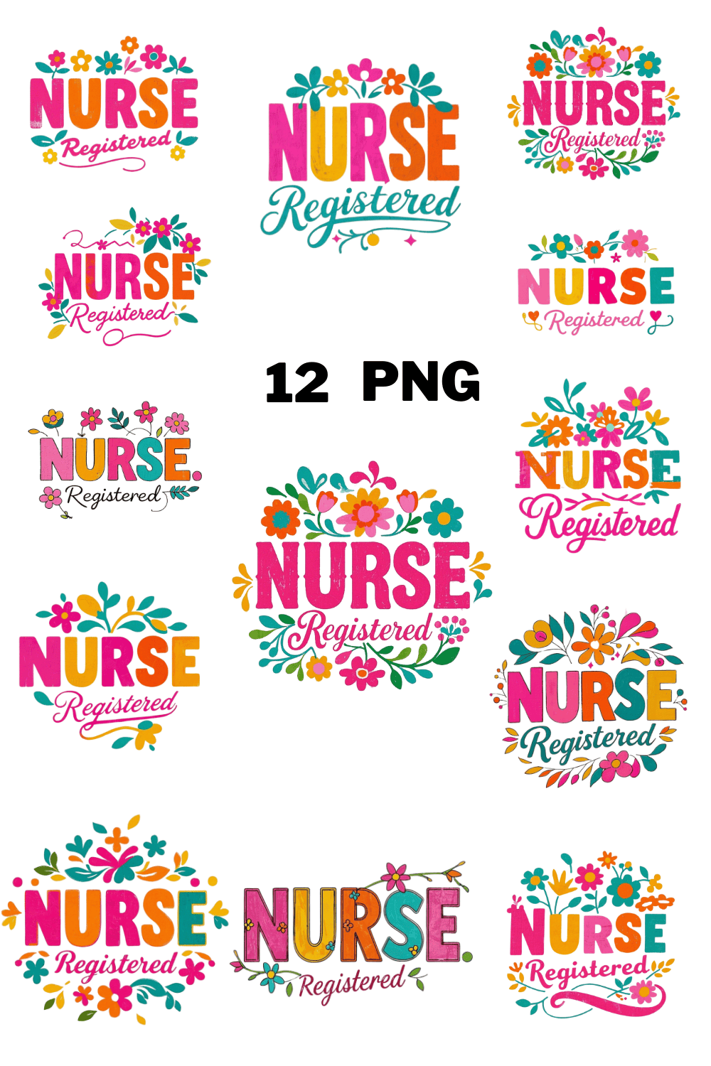 Watercolor Registered Nurse Floral Typography Sublimation Clipart Bundle pinterest preview image.